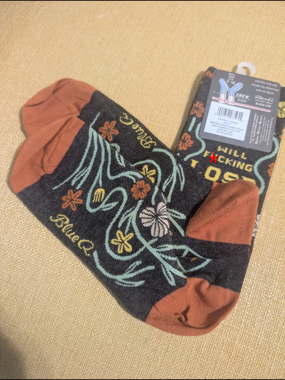 Blue Q NWT Men’s Crew Socks - Gray W/ Floral; 